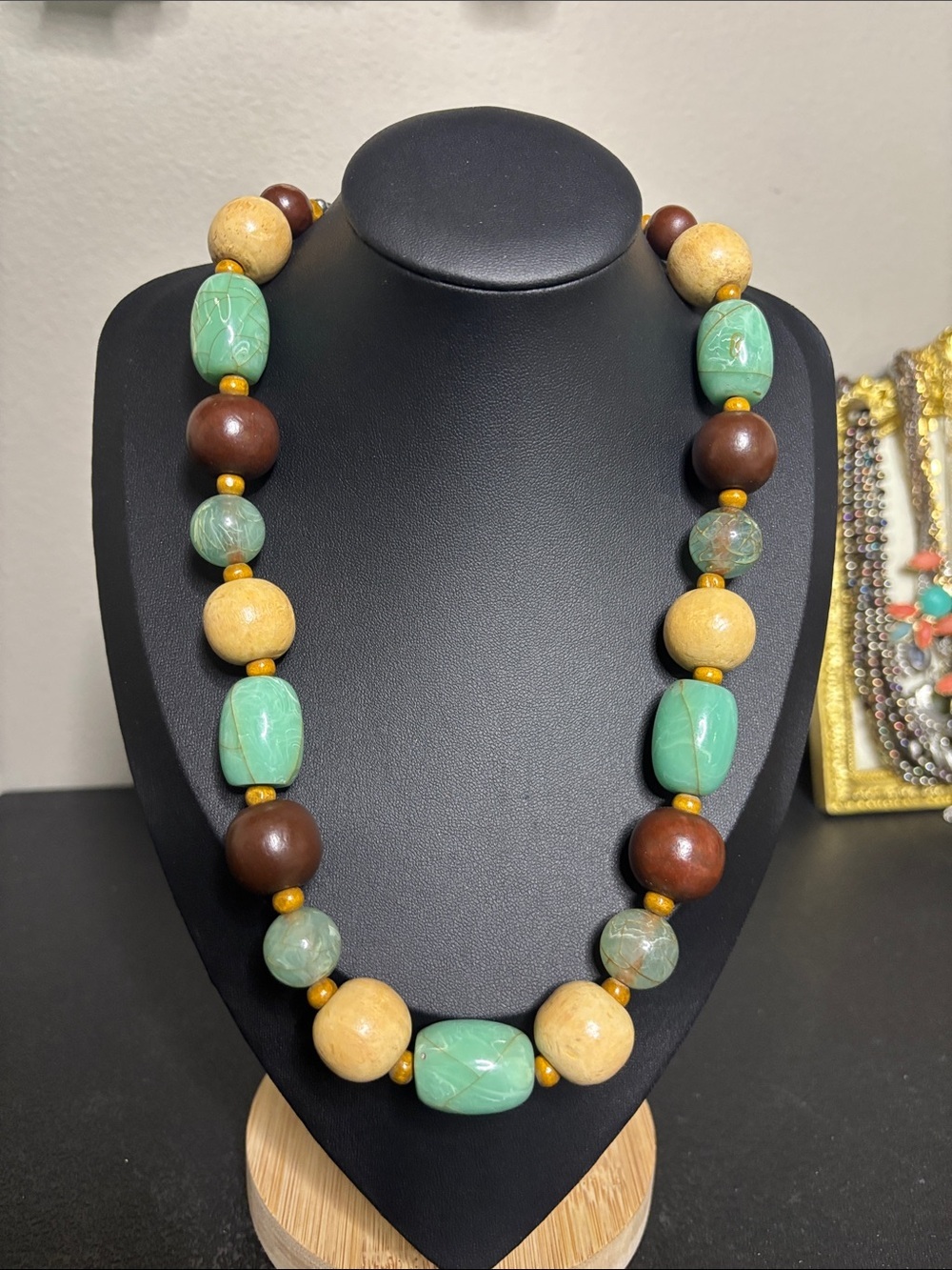 Handcrafted Chunky Wood Green Brown Statement Beaded Necklace Boho